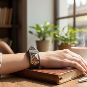 Rebecca Minkoff Gray Silver Studded Pave Leather Snap Bracelet R $58